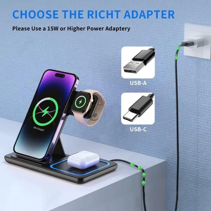 Station de charge sans fil pliable 3-en-1 pour iPhone 17 16 15 14 13 12 Pro Max