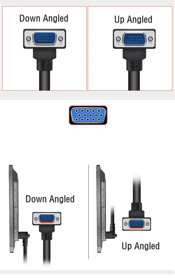 Moniteur d'ordinateur VGA 1080p câble Standard 15 broches connecteur 90 degrés droit gauche vers le bas Angle mâle SVGA cordon fil pour ordinateur de bureau