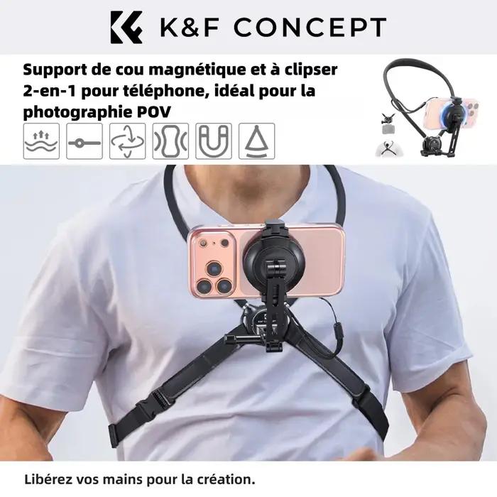 K&F CONCEPT Support 2 en 1 Magnétique et Clip pour Cou POV Mains Libres pour iPhone 17 16 15 Pro Max MagSafe Samsung