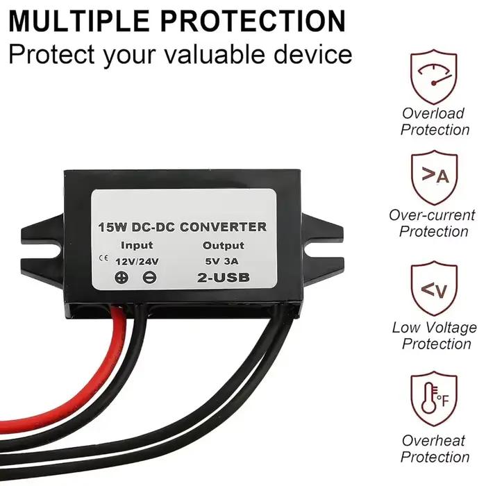 Convertisseur d'adaptateur d'alimentation 12V/24V à 5V 3A DC-DC technologie abati eur USB-A femelle/type C/double USB/connecteur de fil ouvert étanche CE