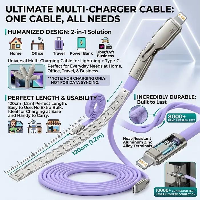 Câble de charge pour téléphone portable 2-en-1 USB-C vers Type-C