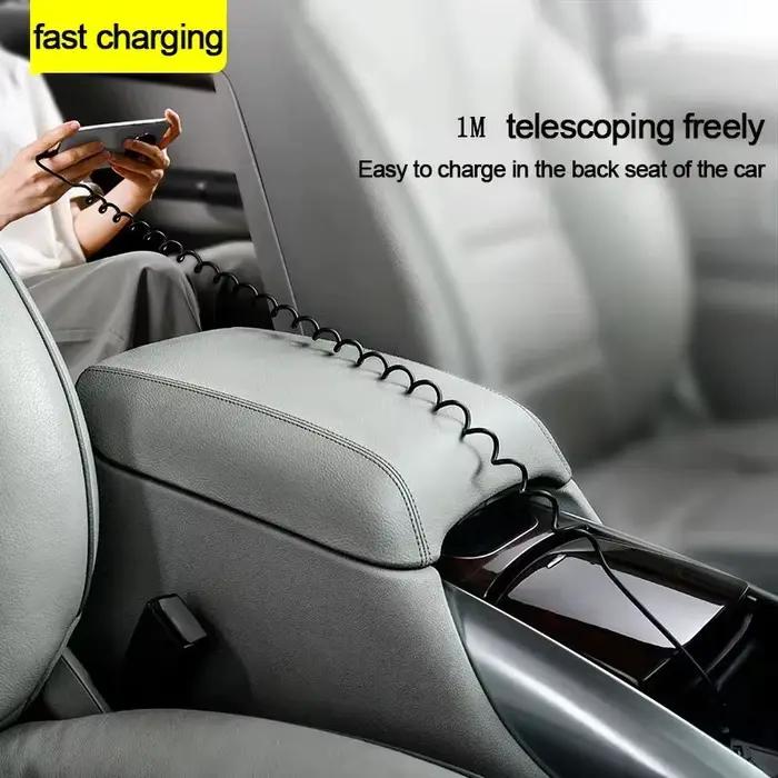 Câble de données télescopique à ressort 5A 66W USB vers Type-C/Dual Type-C pour charge rapide en voiture 1M 1.8M 2M pour iPhone 17 Xiaomi 17