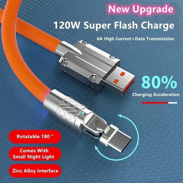 Câble Micro USB C 120W 6A Charge Super Flash 180 ° Câbles d'extension USB-C rotatifs