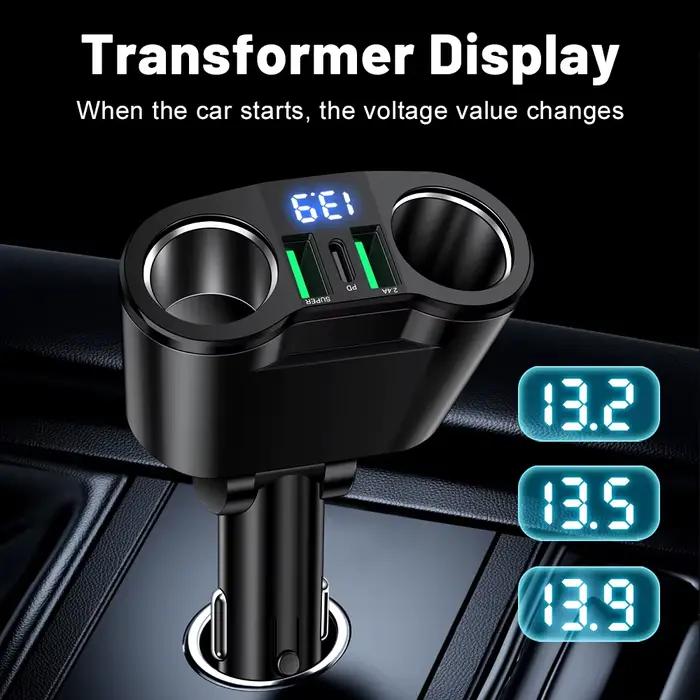 Adaptateur de chargeur de voiture USB Type C, plusieurs appareils chargés en même temps avec affichage numérique, adaptateur de chargeur de voiture USB double port