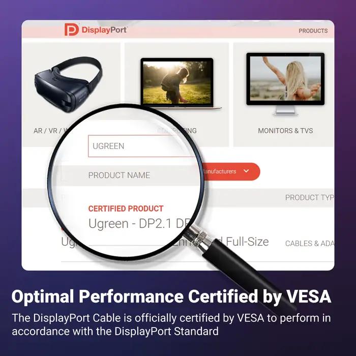 Câble Displayport 8K DP1.4 4K 144Hz UGREEN pour Moniteurs Projecteurs Téléviseurs Gaming Haute Résolution Multimédia
