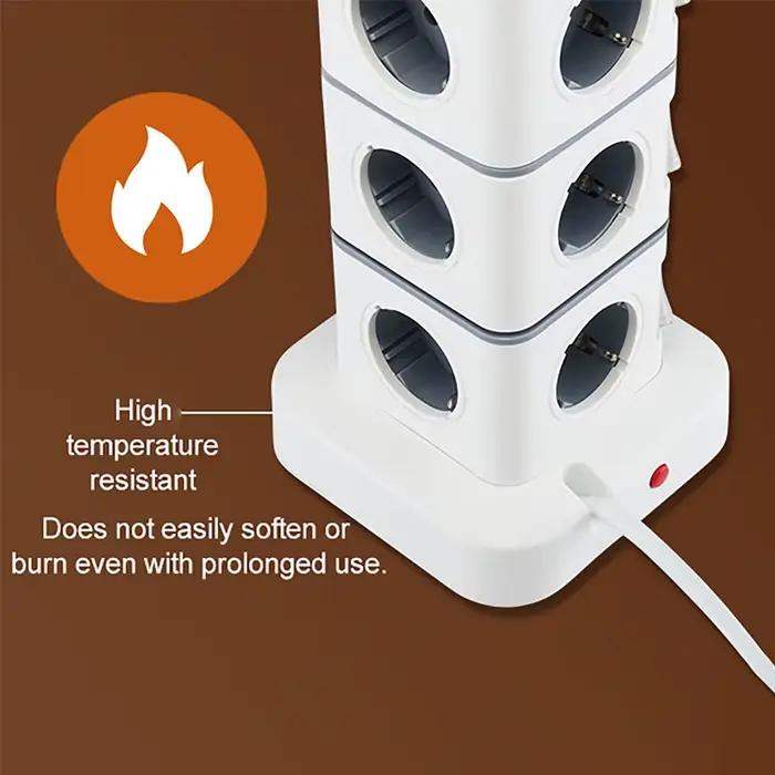 Multiprise verticale 12 voies avec 4 ports USB, protection contre les surcharges, interrupteur, prise EU, 220V 10A