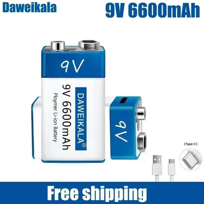 Batterie rechargeable Li-Ion 9V 6600mAh pour appareils photo et électroniques, avec recharge USB pour jouets, détecteurs de fumée et plus