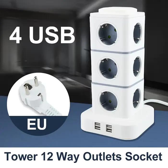 Multiprise verticale 12 voies avec 4 ports USB, protection contre les surcharges, interrupteur, prise EU, 220V 10A