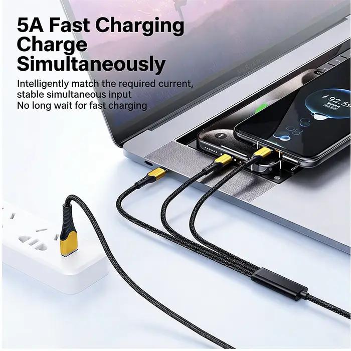 Câble de charge rapide USB-C 3-en-1 100W pour iPhone 17 16 15 Pro Max