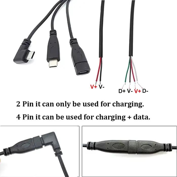 2 cœurs 4 cœurs USB-C 0.25 M/1 m/2 m bricolage câble de réparation fil de soudage USB Type C mâle femelle prise alimentation chargeur connecteur