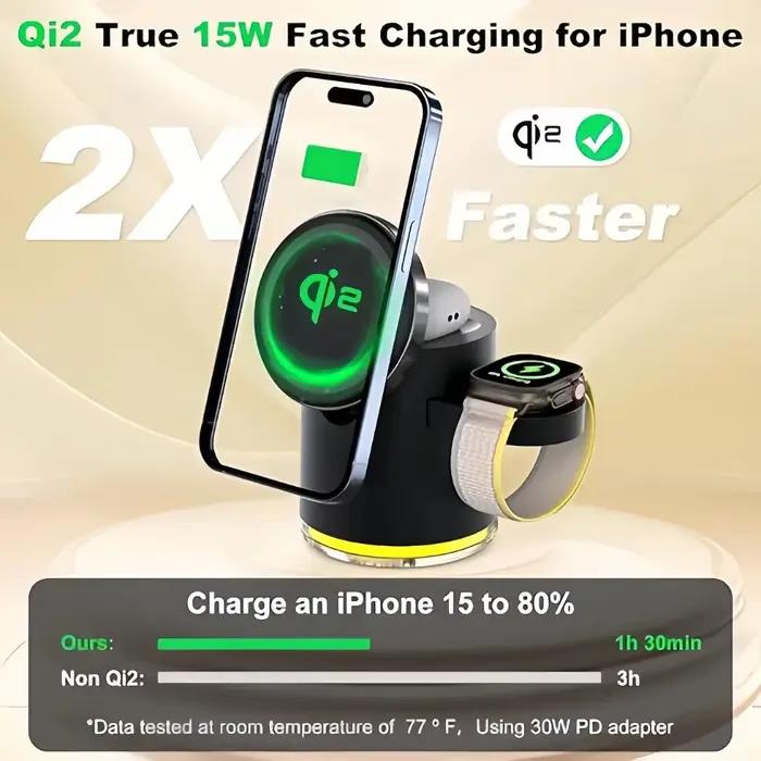 Station de charge rapide pliable 4 en 1 Qi2 15W Chargeur sans fil magnétique pour MagSafe iPhone16/15/14/13/12 Apple Watch AirPods Pro