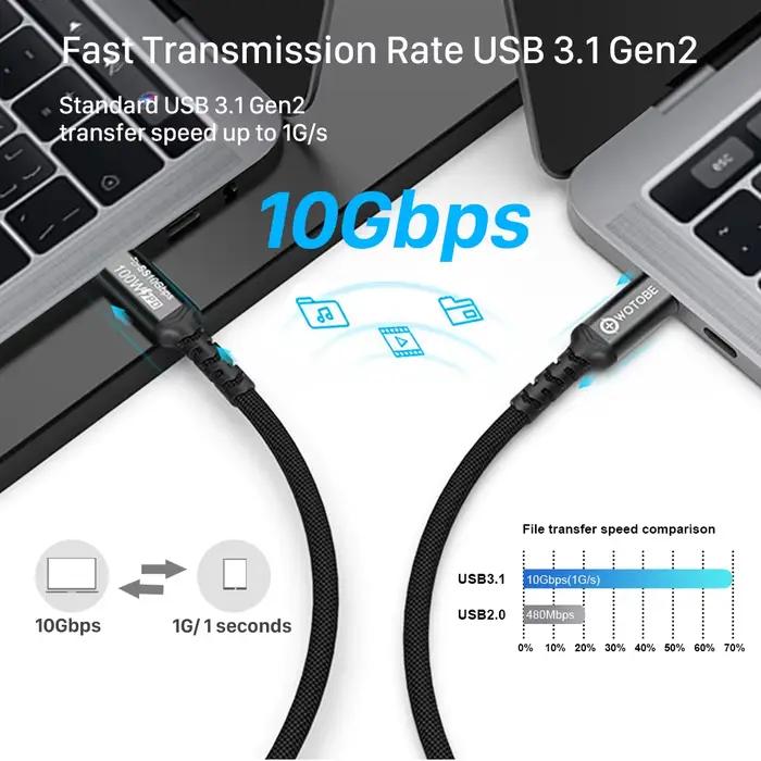 Câble USB-C vers C 3M 10FT 5A E-MARK PD100W USB 3.1 Gen2 10Gbps 4K 60Hz Vidéo en Nylon Tressé avec Connecteurs en Alliage pour Ordinateurs Portables