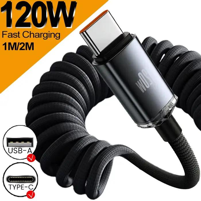 Câble USB C rétractable 120W en nylon tressé rapide et robuste pour smartphones et tablettes occasions quotidiennes et voyages