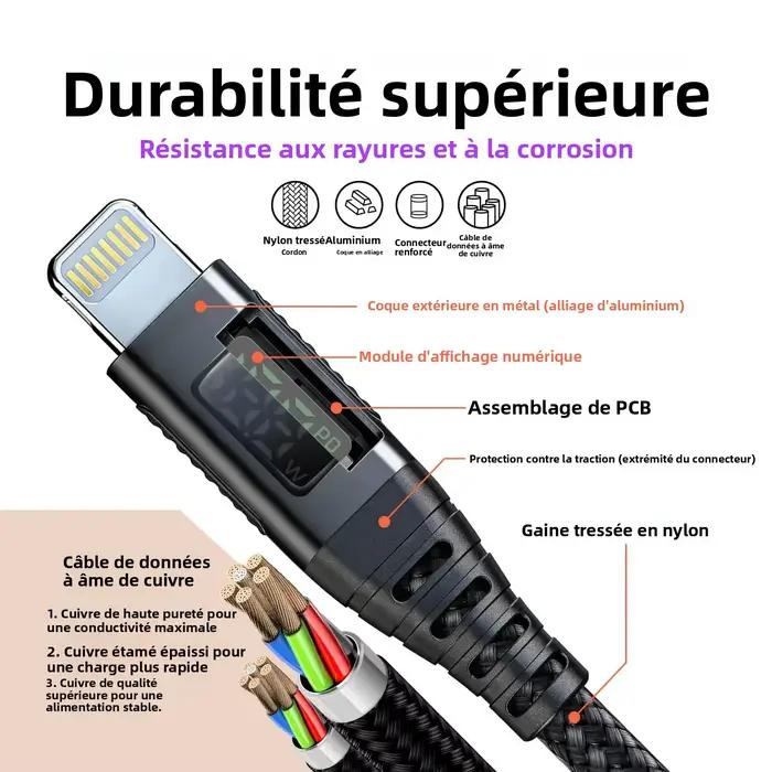Câble de charge rapide USB vers Lightning certifié MFi