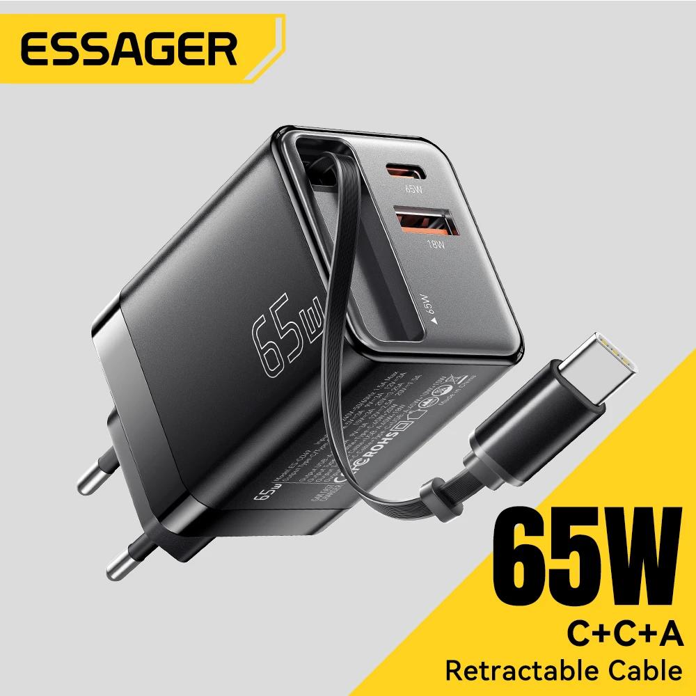 Chargeur GaN Essager 65W avec câble rétractable PD charge rapide pour ordinateur portable Macbook iP