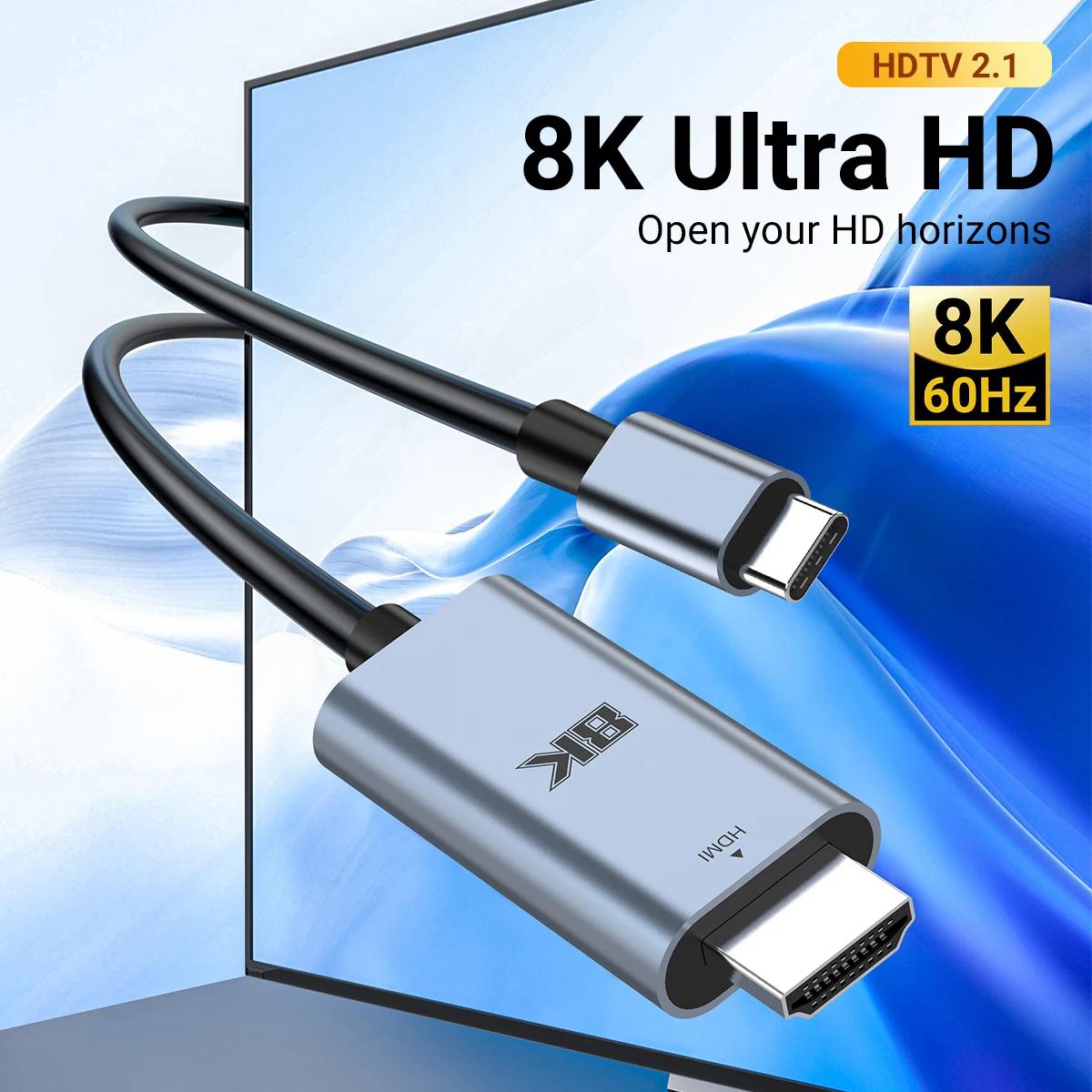 Câble de Type C vers HDMI 8k @ 60Hz 4K @ 120Hz, adaptateur de câble HDTV USB C vers HDMI pour conver