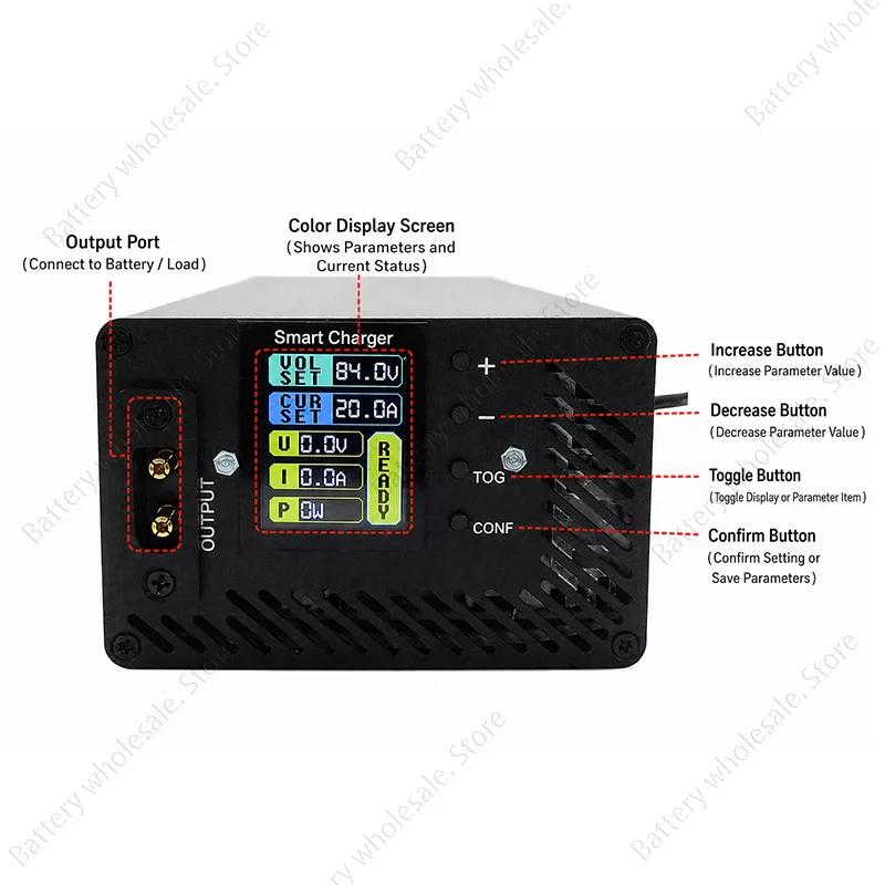Chargeur rapide pour batteries Li-ion et LiFePO4 20A 24V 36V 42V 48V 72V 60V 54.6V 58.4V 84V 4S 8S 10S 13S 14S 16S 20S - Pièces détachées