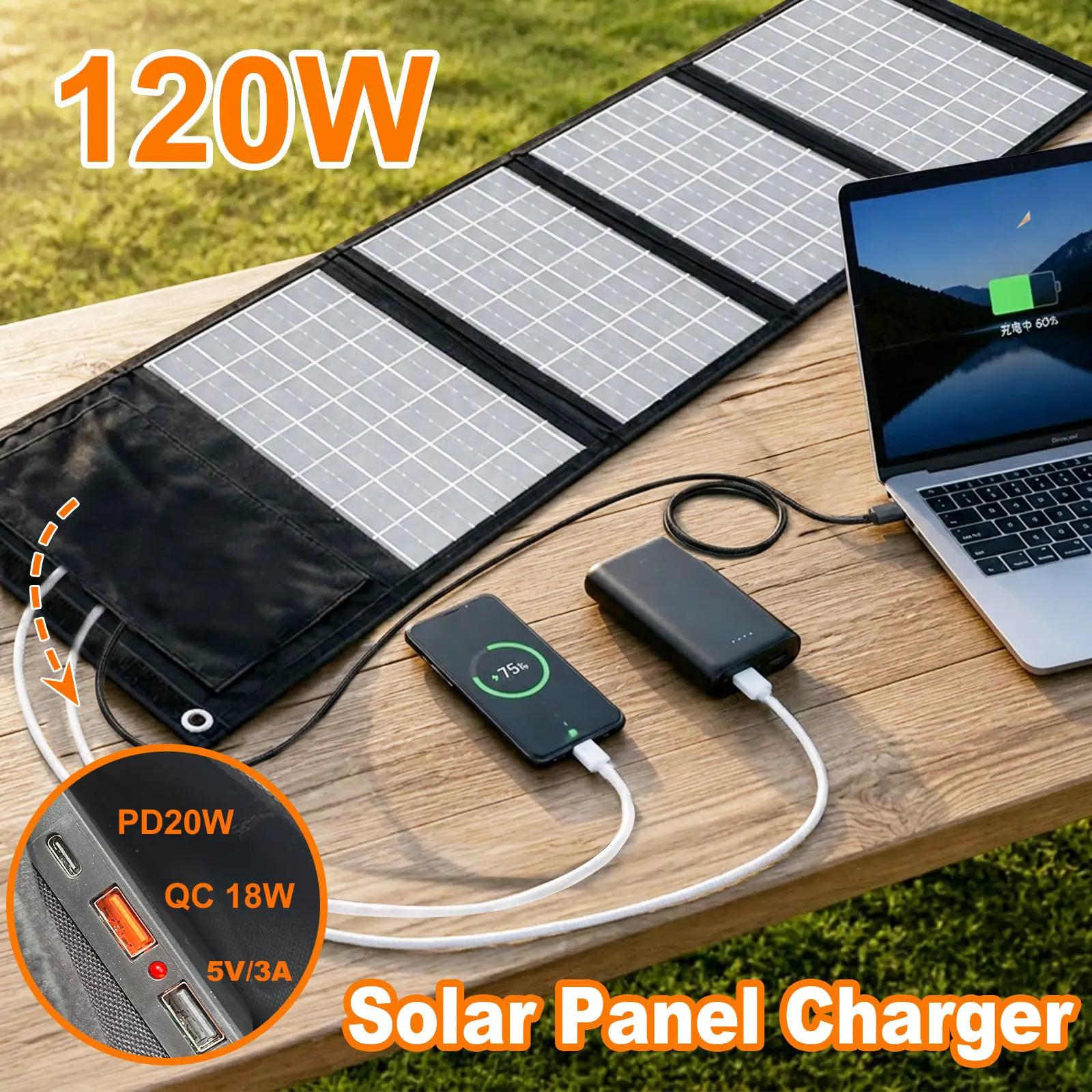 Leaorld Chargeur solaire Leaorld 120W, chargeur solaire portable léger USB QC3.0 PD3.0 pour téléphone, camping, randonnée, voyage en plein air