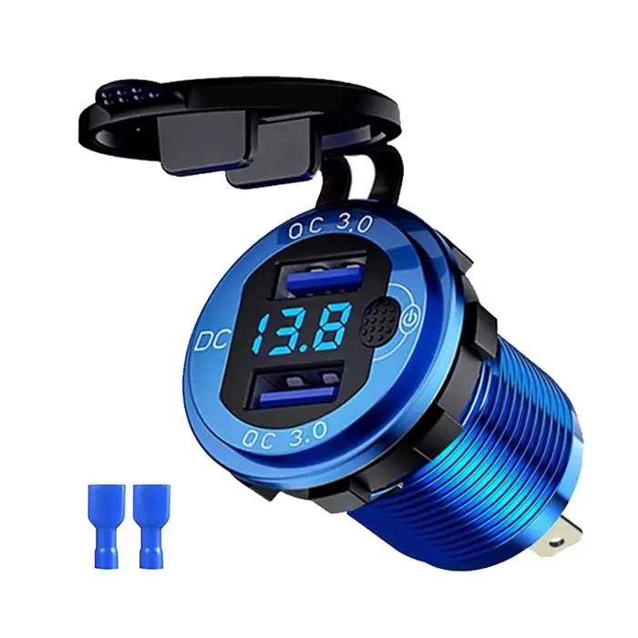 Chargeur rapide en aluminium QC3.0, double USB, pour voiture, avec bouton de commutation, affichage