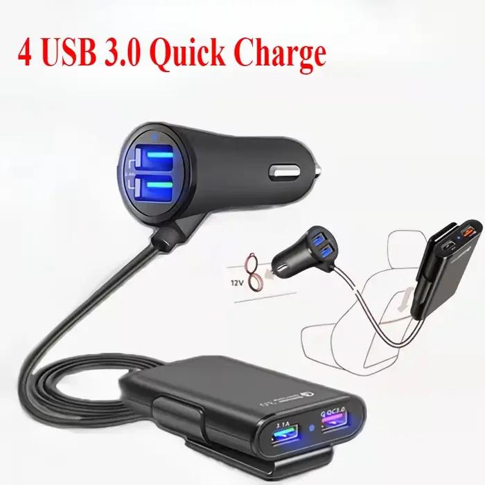 Chargeur de voiture QC 3.0, Charge rapide USB 3.0, pour allume-cigare avant et arrière, 4 Ports USB,