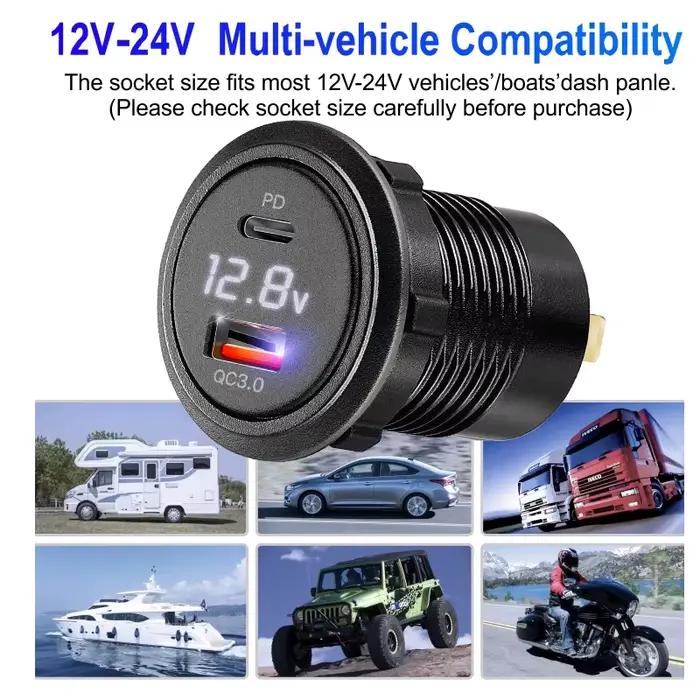 Chargeur de voiture USB avec LED, charge rapide, prise de courant, montres, bateaux, moto, PD, QC3.0