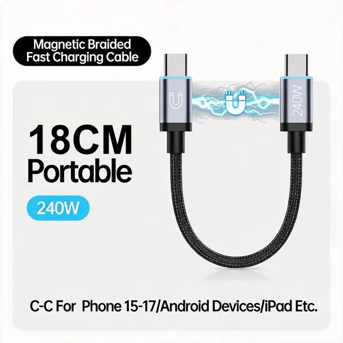 Câble court FONKEN de type C à C, charge rapide 240 W, avec stockage magnétique portable, cordon USB
