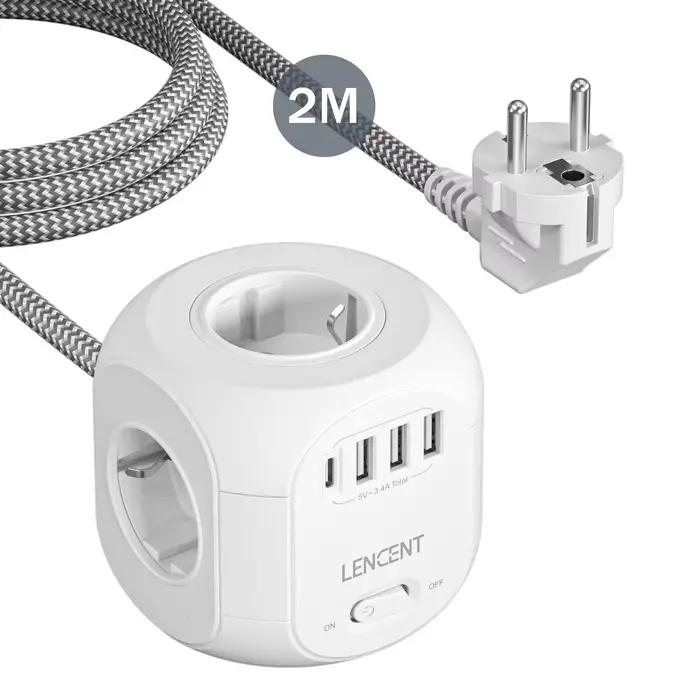 LENCENT – multiprise ue avec 4 prises ca, 3 ports USB, 1 Type C, câble tressé de 2M/3M, prise multip