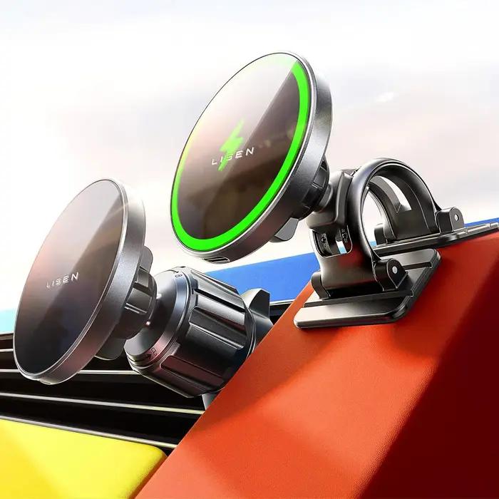 Chargeur de voiture sans fil super rapide LISEN Qi2 15W, (lumière ambiante) chargeur de voiture magn