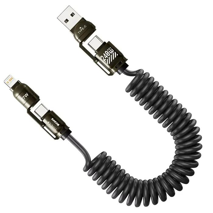 Câble de données de voiture à ressort 4 en 1, charge rapide 240W, Compatible avec CarPlay pour iPhon