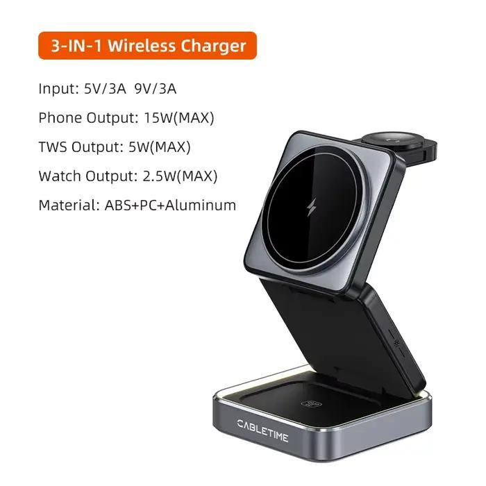 CABLETIME Chargeur Magnétique Pliable Sans Fil 3-en-1 15W pour iPhone 16/15/14, Apple Watch, AirPods
