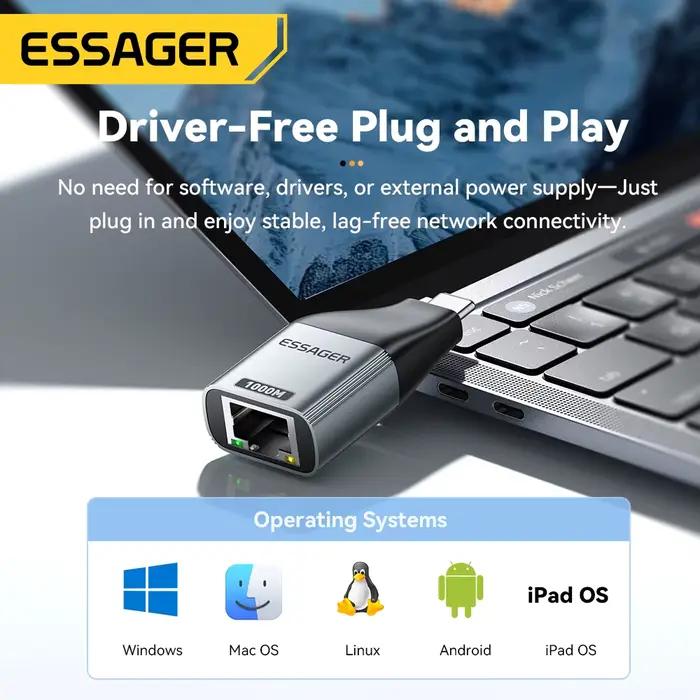 Adaptateur Essager type-c vers Ethernet 100/1000Mbps Gigabit haute vitesse RJ45 vers adaptateur type