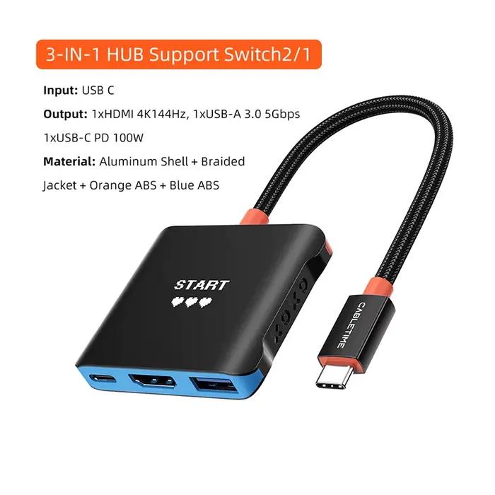 Station d'accueil portable CABLETIME Switch 2 Hub TV 3-en-1 4K 144Hz PD100W 5Gbps haute vitesse, sta