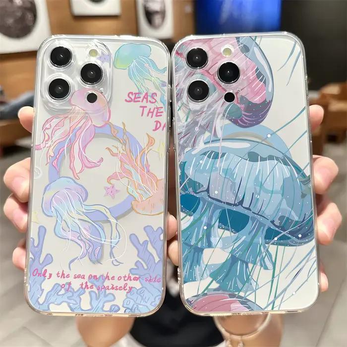 Coque de téléphone magnétique Magsafe avec méduse colorée, étui souple pour Samsung Galaxy S25 S24 S