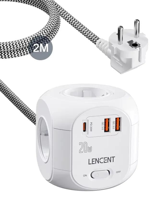 LENCENT – multiprise Cube avec 4 prises ca + 2 USB QC3.0 + 1 PD20W Type C, câble tressé de 2M/3M, pr