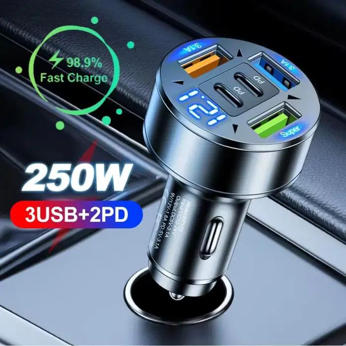 Chargeur de voiture 250W 5-en-1 PD QC3.0 à charge rapide USB C pour iPhone, Samsung Galaxy, iPad Pro