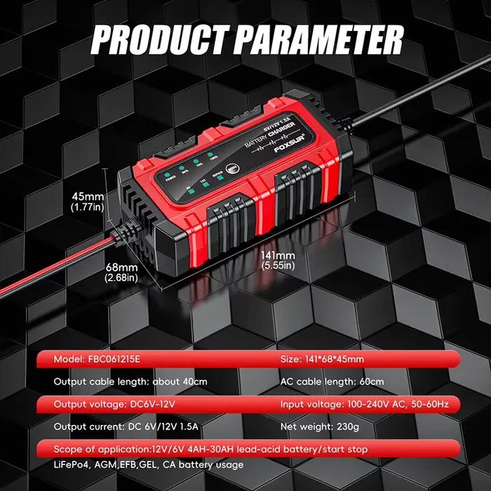 Chargeur intelligent 6V 12V 1.5A pour batteries moto et voiture