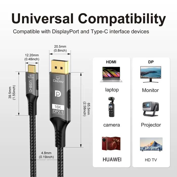 Câble USB C vers DisplayPort 16k 2.1 unidirectionnel 8K @ 60Hz 4K @ 144Hz 80Gbps (DSC)