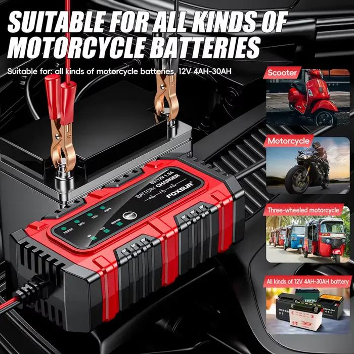 Chargeur de batterie intelligent FOXSUR pour scooters motos voitures à trois roues batteries LiFePO4 AGM EFB Gel