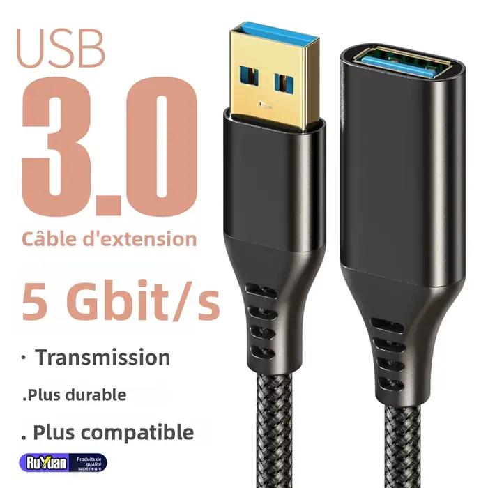 Câble d'extension USB3.0 Type A mâle à femelle tressé robuste pour transfert rapide de données compatible avec clavier USB et souris diverses longueurs disponibles