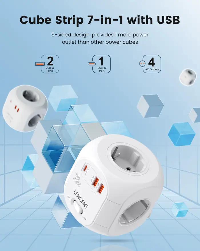 LENCENT – multiprise Cube avec 4 prises ca + 2 USB QC3.0 + 1 PD20W Type C
