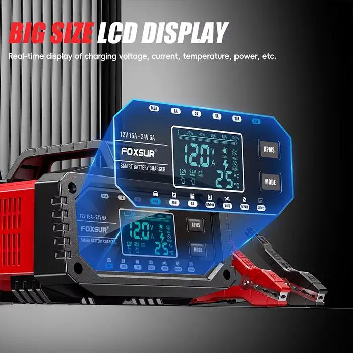 Chargeur de batterie intelligent 12/24V 15A pour LiFePo4 AGM EFB GEL CA humide et utilisation de batterie à cycle profond voiture camping automobile