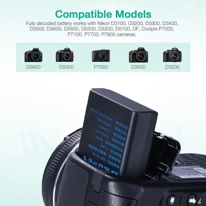 Nouvelle batterie EN-EL14 pour Nikon D3100/3200/3300/3400/3500 D5100/5200/5300/5500/5600 DF Coolpix P7000/7100/7700/7800 chargeur d'appareil photo
