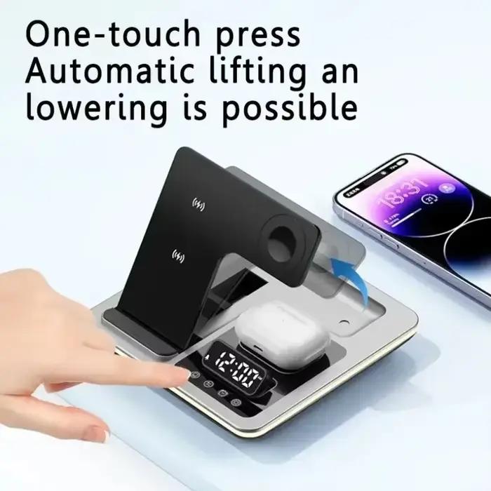 Chargeur sans fil 5 en 1 avec réveil, lampe LED, station d'accueil et charge rapide pour iPhone Apple Watch et AirPods