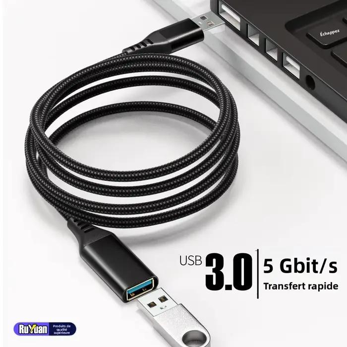 Câble d'extension USB3.0 Type A mâle à femelle tressé robuste pour transfert rapide de données compatible avec clavier USB et souris diverses longueurs disponibles