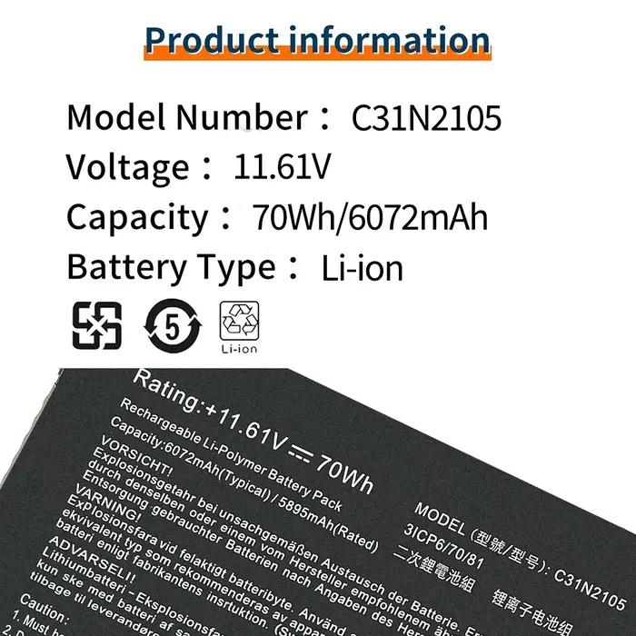 BVBH C31N2105 70Wh 6072 mah/5895 mah batterie pour ASUS Vivobook 14X/15X/16X ZenBook 14X