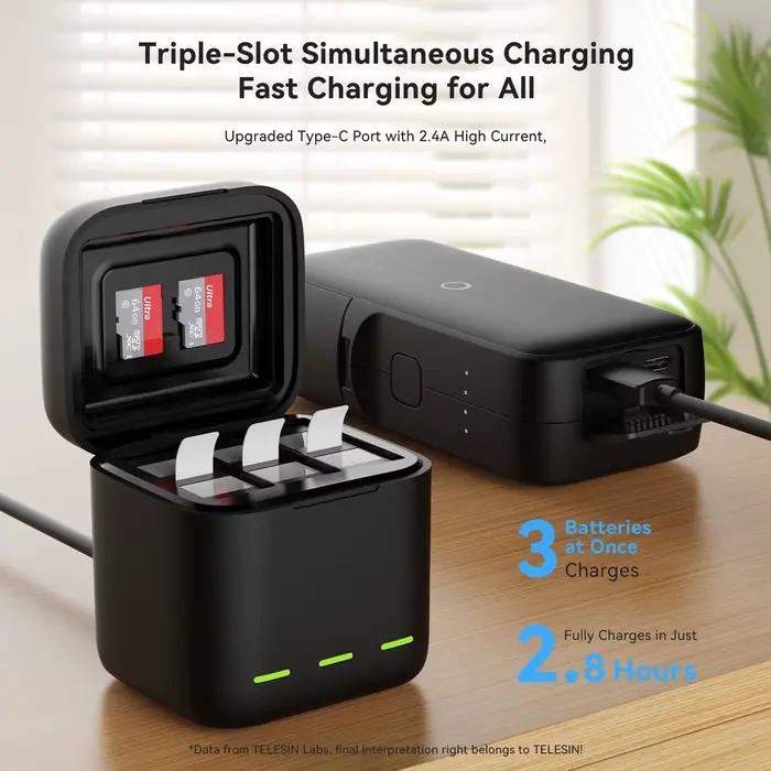Chargeur de batterie portable 3 emplacements pour GoPro Hero 13 avec charge rapide et rangement pour cartes TF et batteries pour caméras d'action