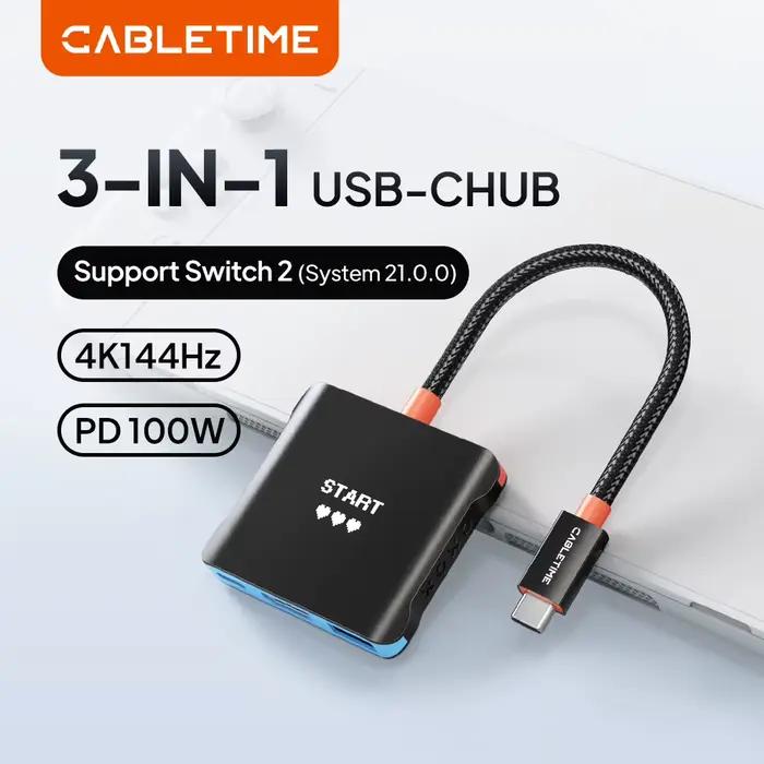 Station d'accueil portable CABLETIME Switch 2 Hub TV 3-en-1 4K 144Hz PD100W 5Gbps haute vitesse