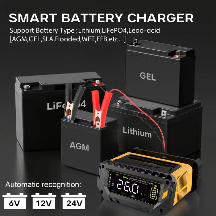 Chargeur de batterie de voiture 6V-12V-24V 26A/30A pour Auto Moto Lithium LiFePO4 plomb-acide SLA Gel AGM