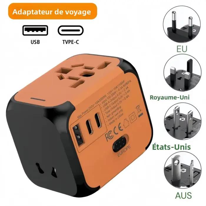 Adaptateur de chargeur de voyage universel avec 2 ports USB et 1 port Type C - Comprend des prises US