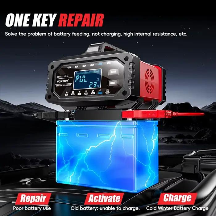 Chargeur de batterie intelligent 12/24V 15A pour LiFePo4 AGM EFB GEL CA humide et utilisation de batterie à cycle profond voiture camping automobile